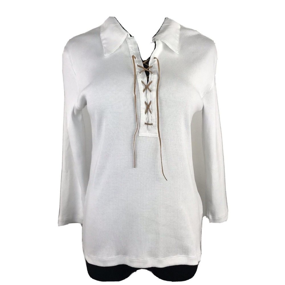 Clothes Womens Lace Ribbed Long‎ Sleeve White Collared Stretch Shirt Size Large